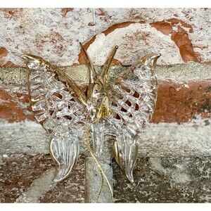 Vintage Christmas Hand Blown Clear Glass Butterfly With Gold Trim Ornament